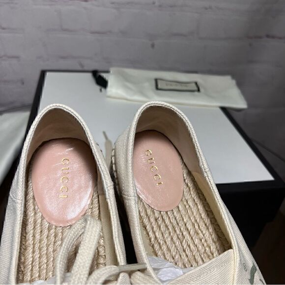 GUCCI Canvas Logo Lace-Up Platform Espadrilles 40 Greggio Grege - Picture 9 of 9